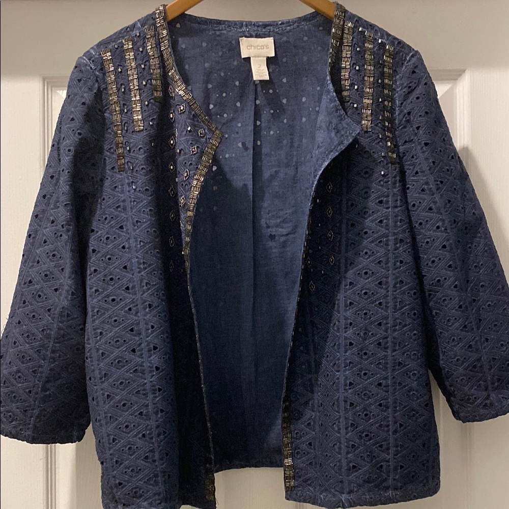 Chico's Blue Tailored Blazer with Quilted Texture and beads